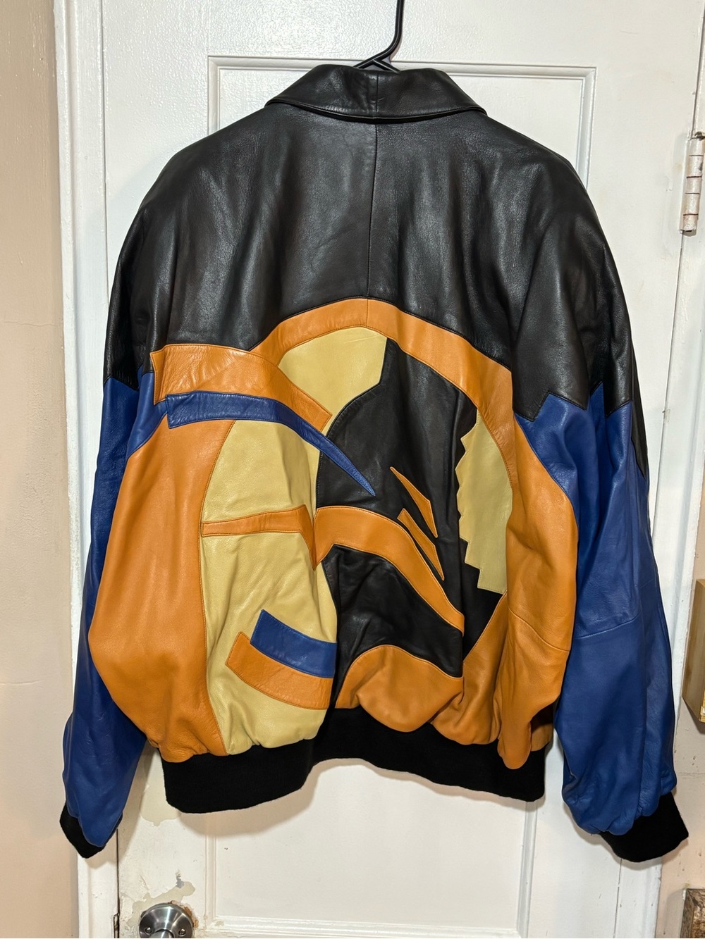 CASA PICASSO MENS 90s Colorblock Leather Bomber Jacket - Black, Tan & Blue.